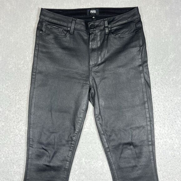 PAIGE Jeans Women’s 31 Hoxton Ankle Peg Black Fog Luxe Wax Coating Leather - Picture 2 of 15